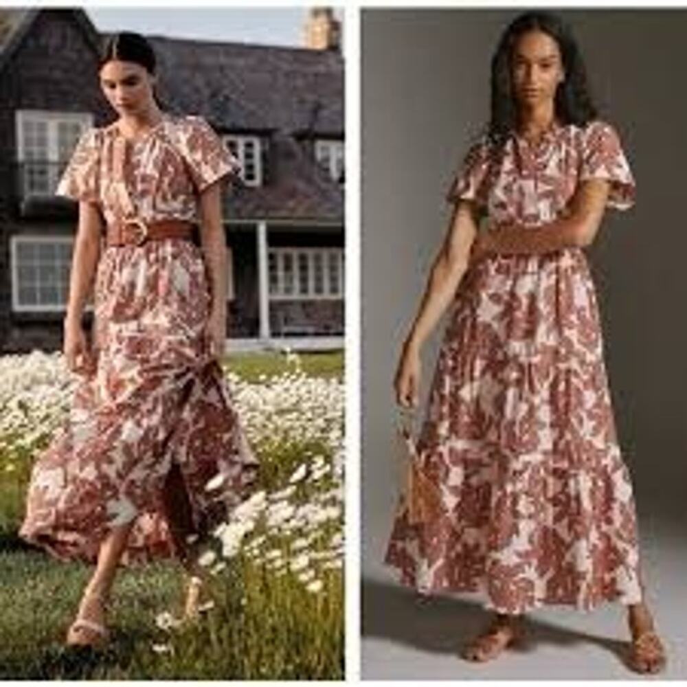 Anthropologie 1X Somerset Maxi in Neutral Dotted Floral Cotton Tiered Dress RARE